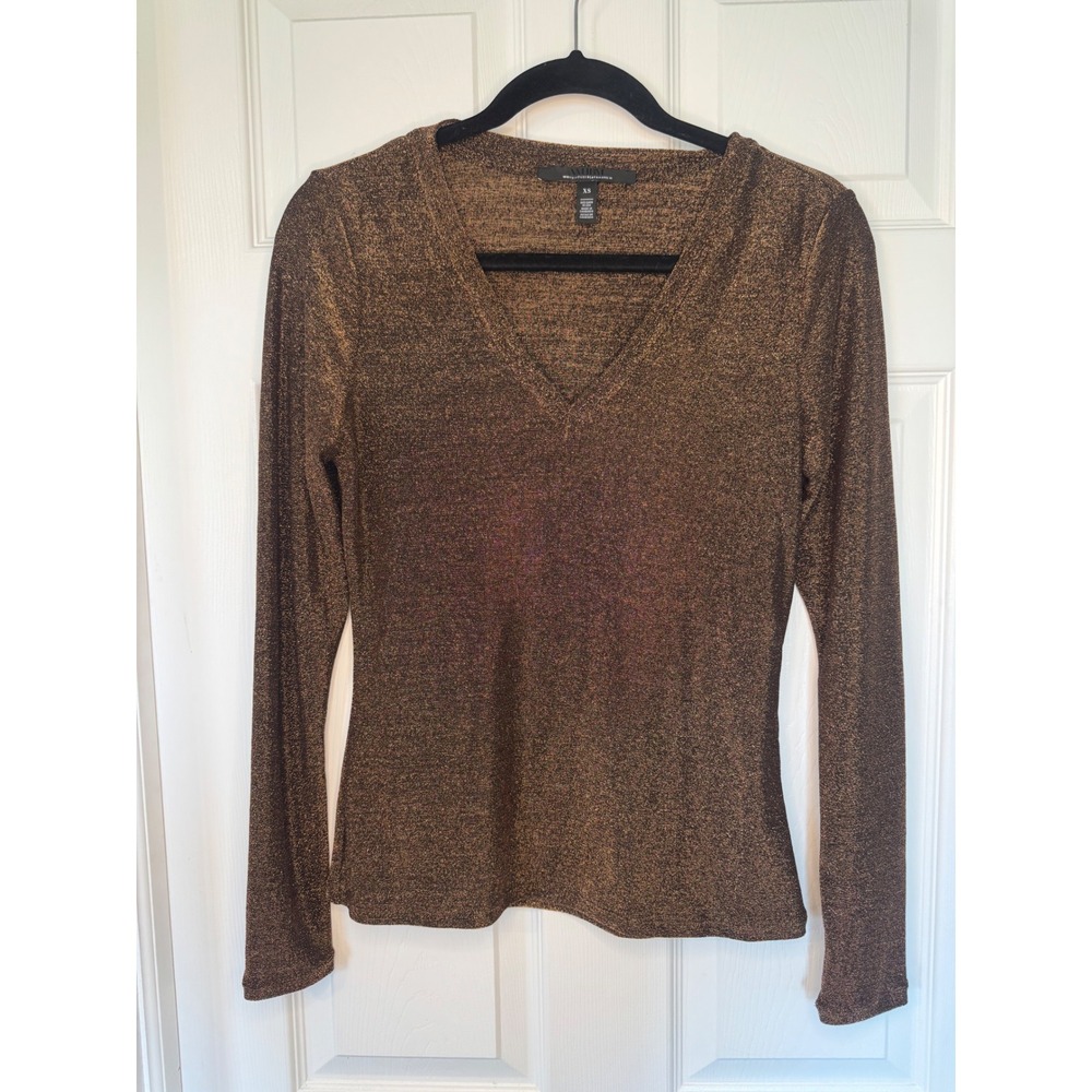 White House Black Market Metallic Bronze V-Neck Long Sleeve Shimmer Top XS